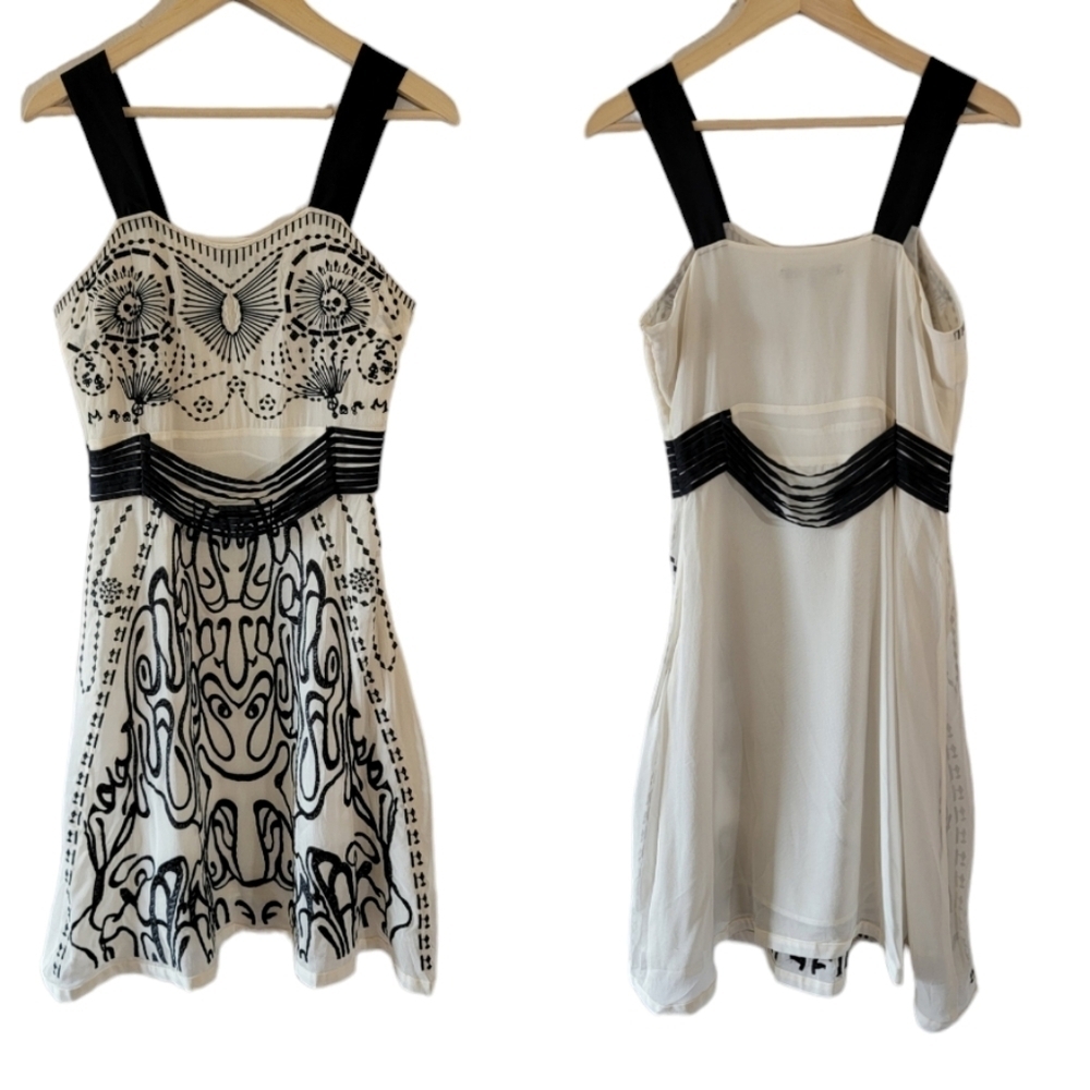 MARC JACOBS White Black Embroidered Silk A-Line Dress 4 Cocktail Formal Designer